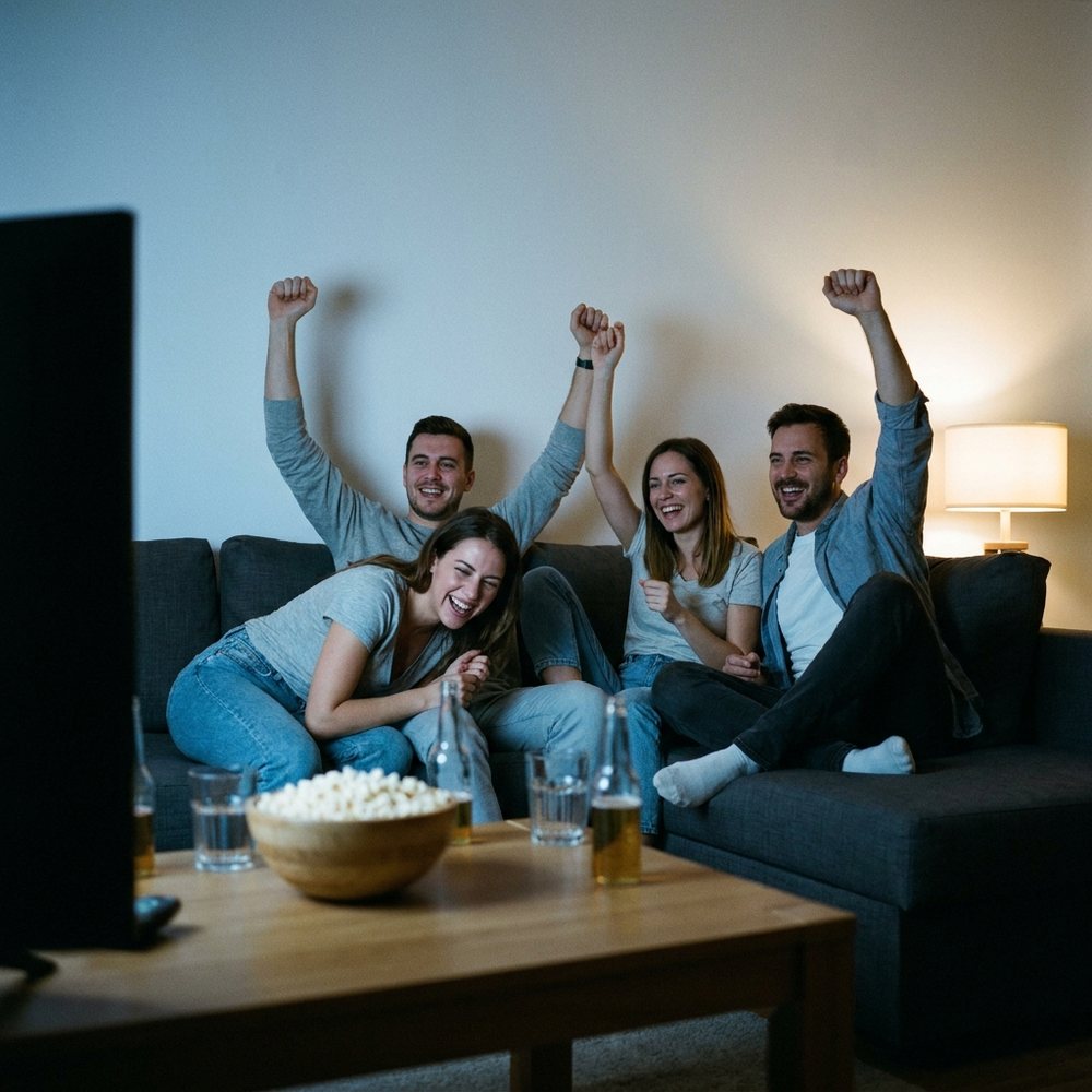 Friends watching live sport in 4K on a Nartiel8k IPTV subscription at home